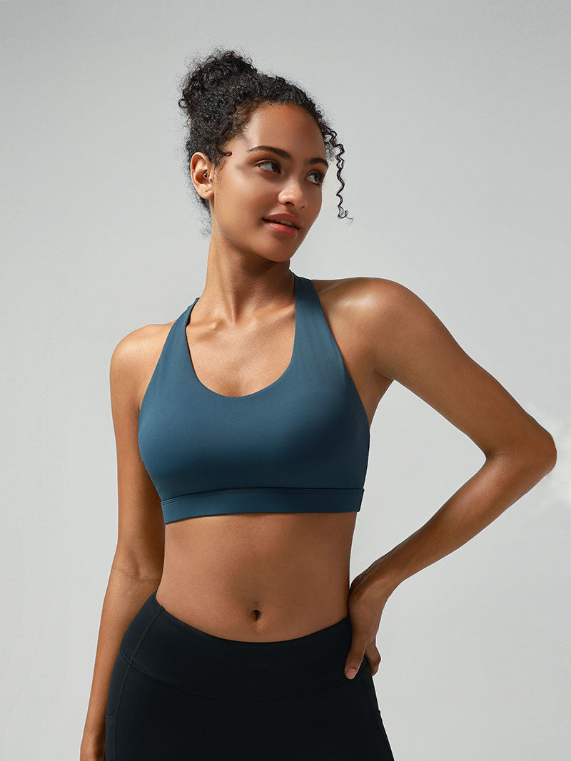 Criss-Cross Back Padded Strappy Sports Bras Medium Support Yoga Bra with Removable Cups