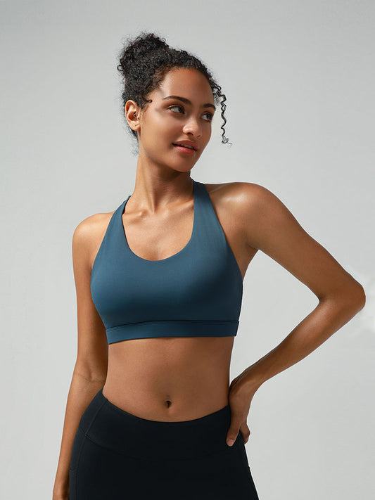 Criss-Cross Back Padded Strappy Sports Bras Medium Support Yoga Bra with Removable Cups