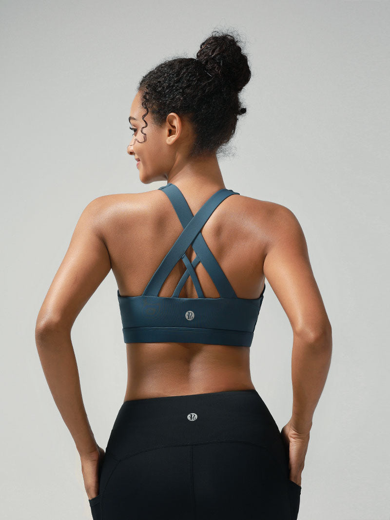 Criss-Cross Back Padded Strappy Sports Bras Medium Support Yoga Bra with Removable Cups