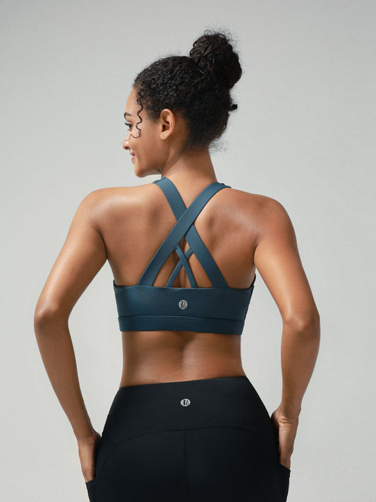 Criss-Cross Back Padded Strappy Sports Bras Medium Support Yoga Bra with Removable Cups