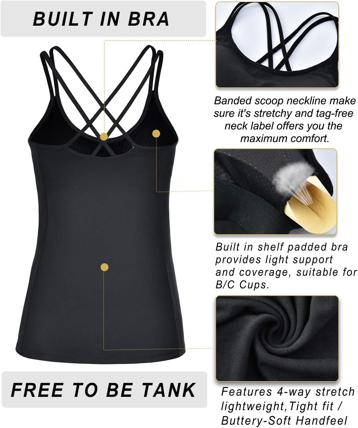 RUNNING GIRL Yoga Tank Tops for Women Built in Shelf Bra B/C Cups Strappy Back Activewear Workout Compression Tops