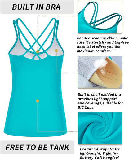 RUNNING GIRL Essence Sculpt Strappy Back Tank with built-in shelf bra, lightweight athletic top for running and training.