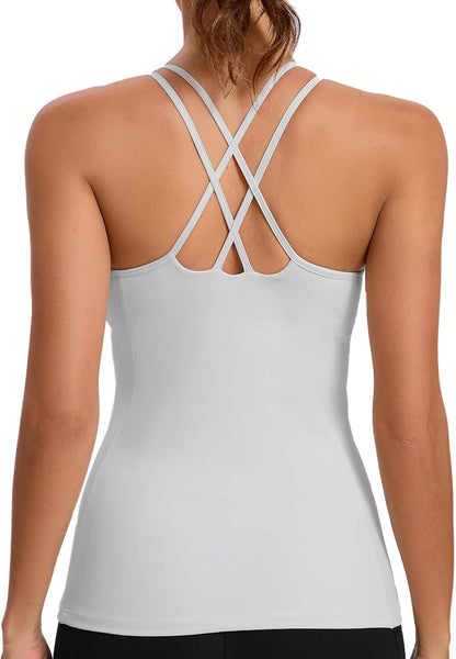 RUNNING GIRL Essence Sculpt Strappy Back Tank with Built-in Shelf Bra, lightweight athletic top, black with stylish strappy back design