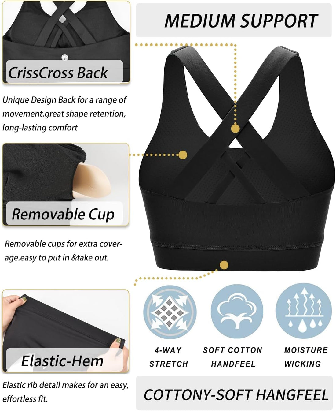 RUNNING GIRL® Medium-Support Strappy Criss-Cross Bra | Removable Cups & Buttery-Soft Sculpting Bra