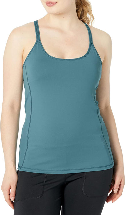 RUNNING GIRL® Essence Sculpt Strappy Back Tank with built-in shelf bra, black athletic top for women, front view