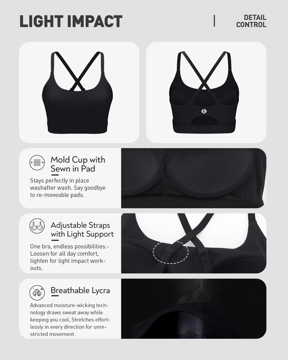 Adjustable Strappy Cross Back Sports Bra for Women, Light Support Yoga Workout Bra