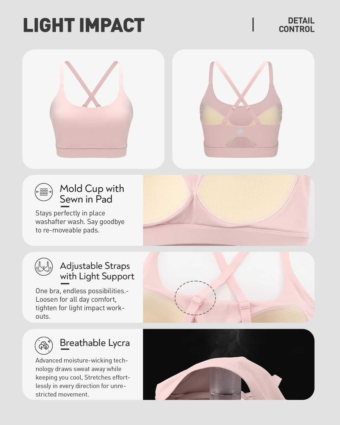 Adjustable Strappy Cross Back Sports Bra for Women, Light Support Yoga Workout Bra