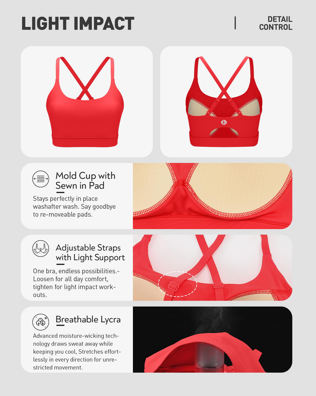 Adjustable Strappy Cross Back Sports Bra for Women, Light Support Yoga Workout Bra