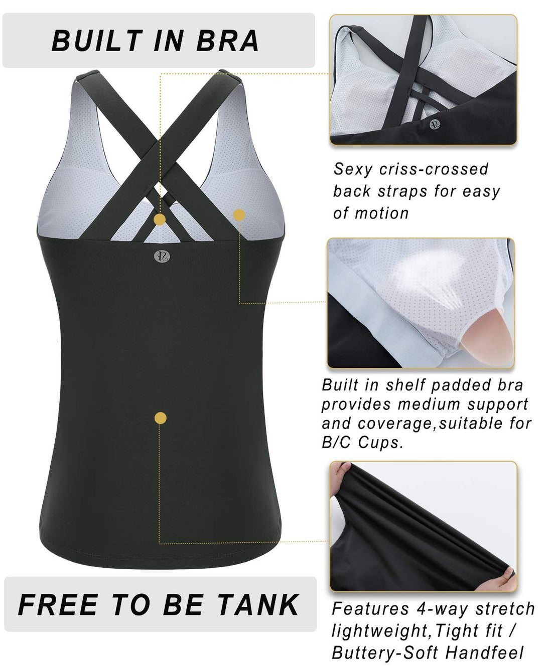 Square‑Neck Longline Racerback Tank Top with Bulit-in Bra & Removable Molded Pads