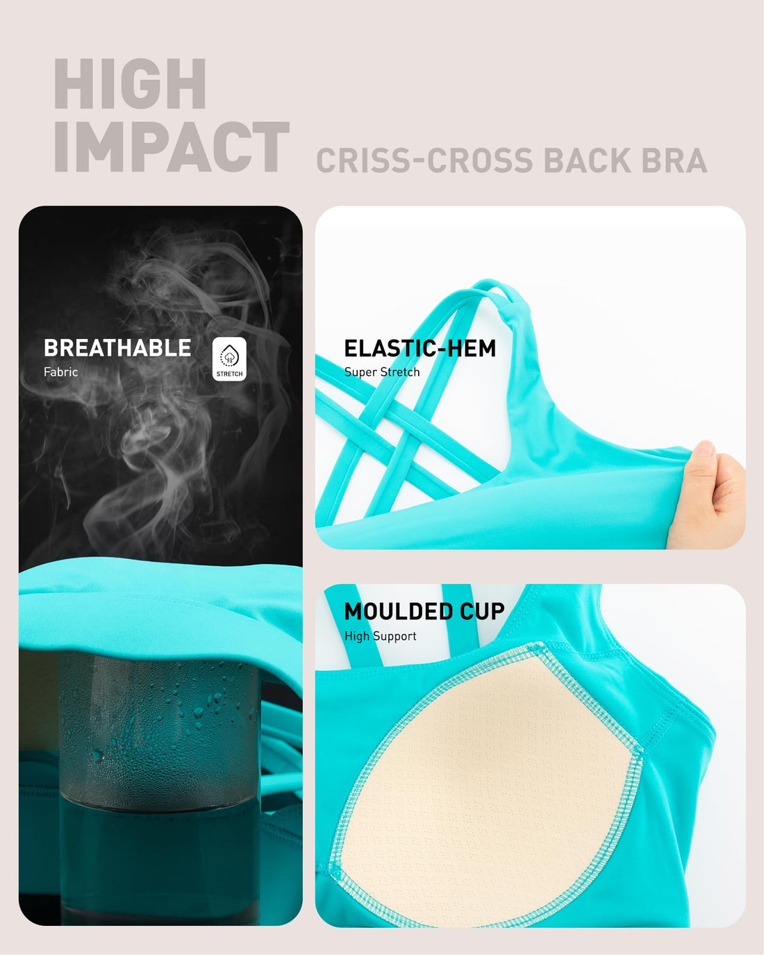 High Impact Sports Bras for Women - Scoop Neck Strappy Sports Bra High Support Moulded Cup Workout Bra