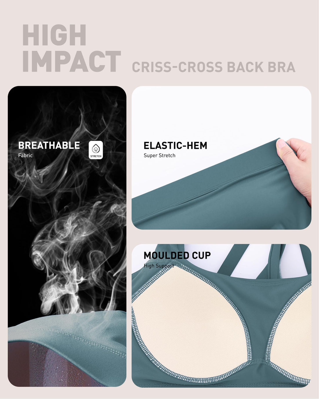 High Impact Sports Bras for Women - Scoop Neck Strappy Sports Bra High Support Moulded Cup Workout Bra