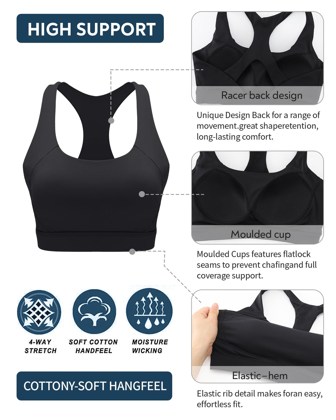 RUNNING GIRL® High Support Molded Cup Sports Bra with Sewn-in Pads