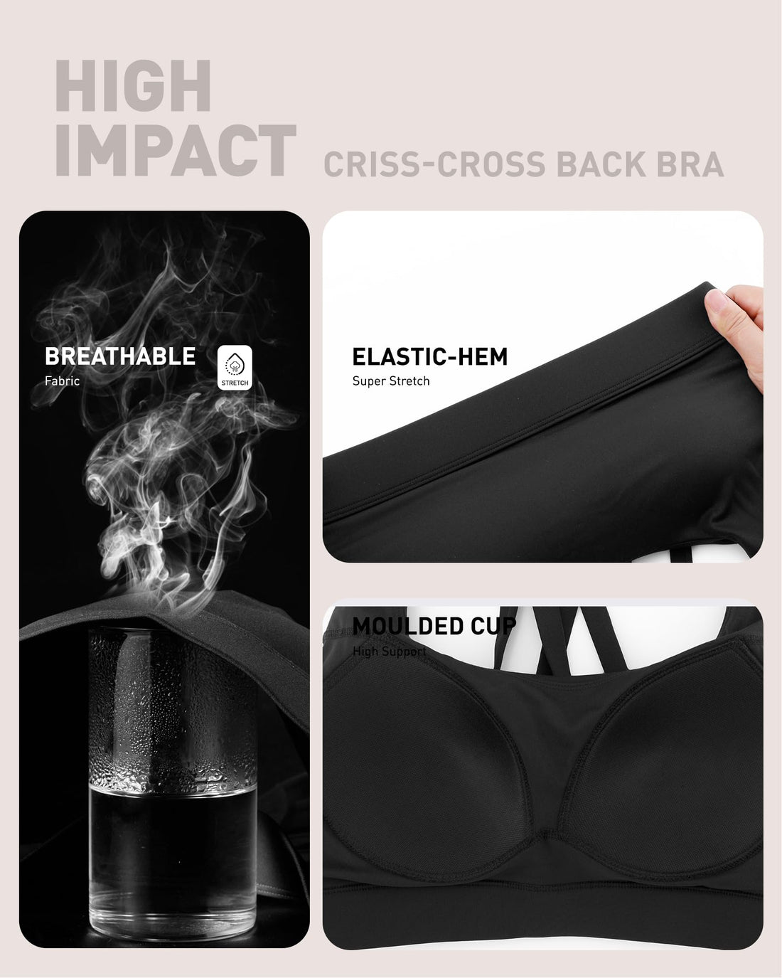 High Impact Sports Bras for Women - Scoop Neck Strappy Sports Bra High Support Moulded Cup Workout Bra