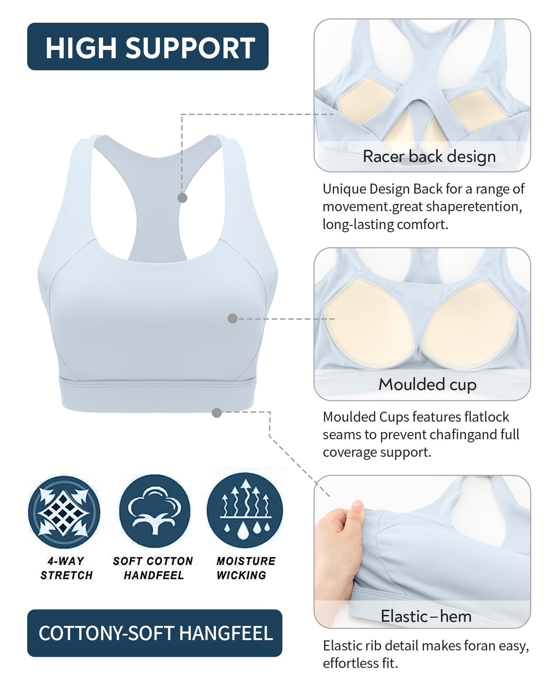 RUNNING GIRL® High Support Molded Cup Sports Bra with Sewn-in Pads