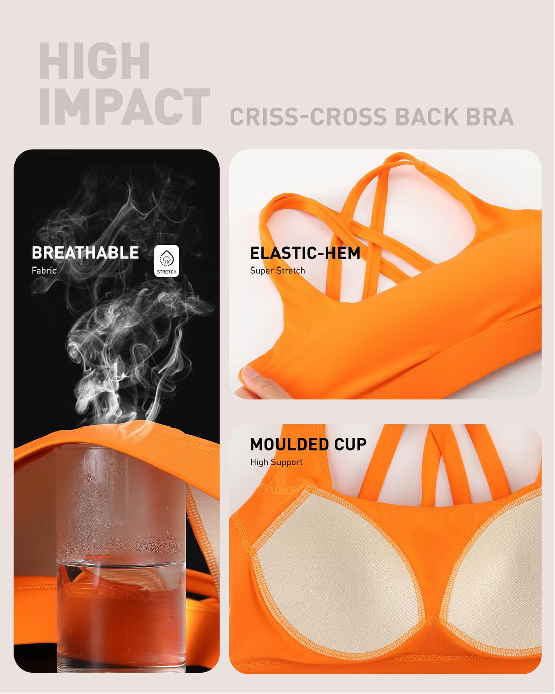 High Impact Sports Bras for Women - Scoop Neck Strappy Sports Bra High Support Moulded Cup Workout Bra