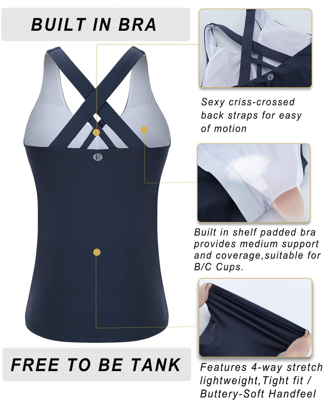 Square‑Neck Longline Racerback Tank Top with Bulit-in Bra & Removable Molded Pads