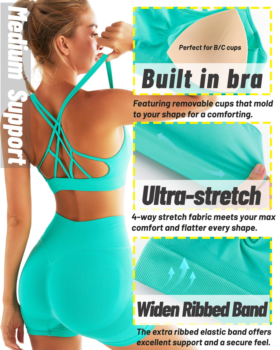 RUNNING GIRL® Strappy Yoga Bra | Built-in Shelf Bra with Push Up Support for B/C Cups