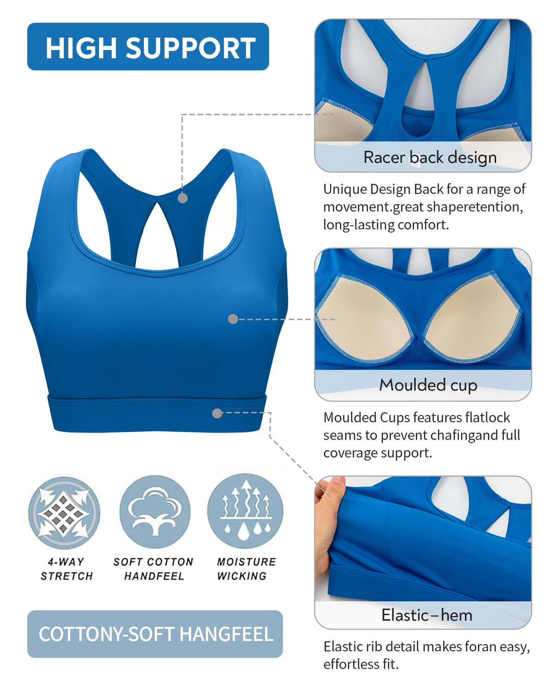RUNNING GIRL® Racerback High Support Sports Bra Sewn-In Molded Pads
