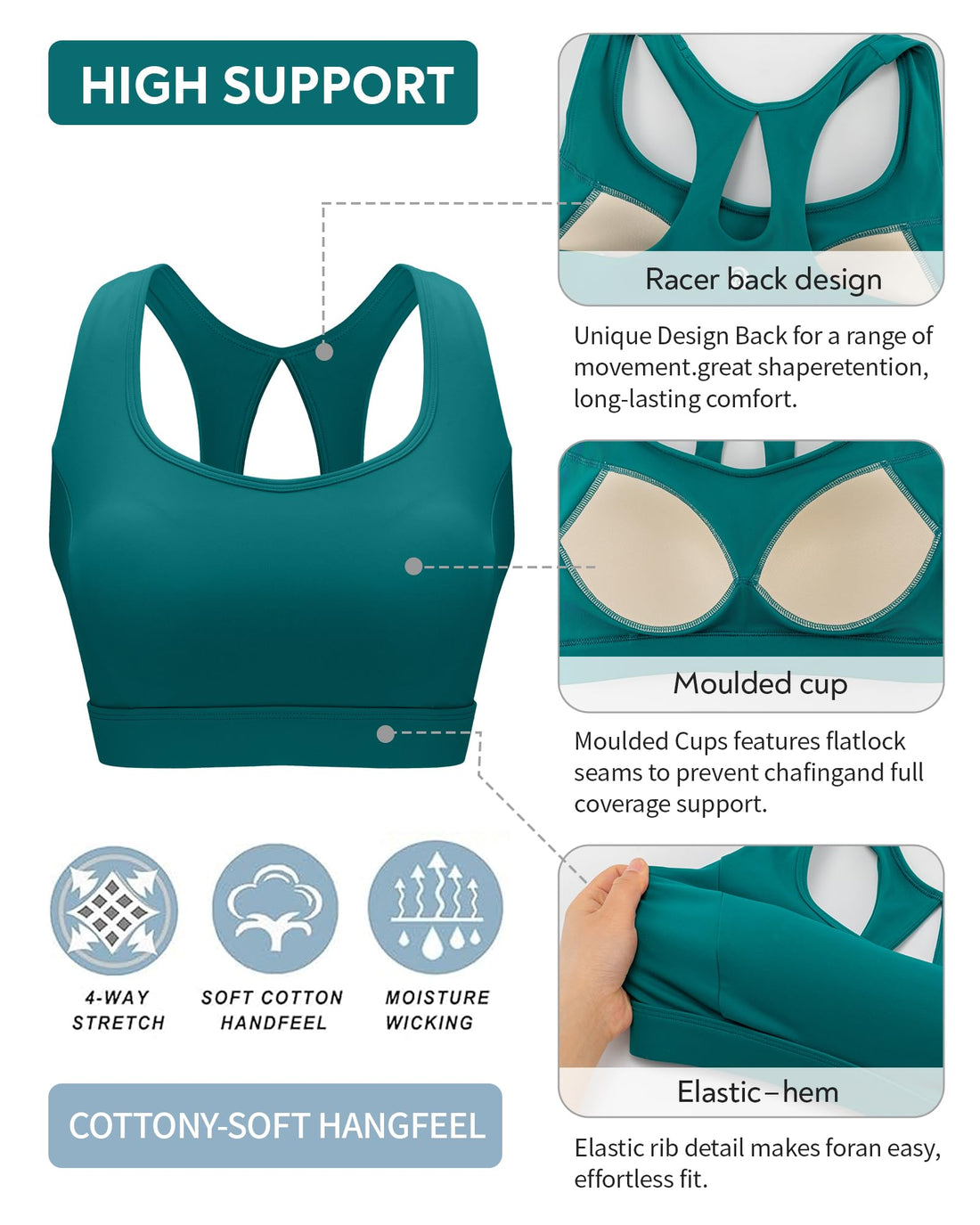 RUNNING GIRL® Racerback High Support Sports Bra Sewn-In Molded Pads