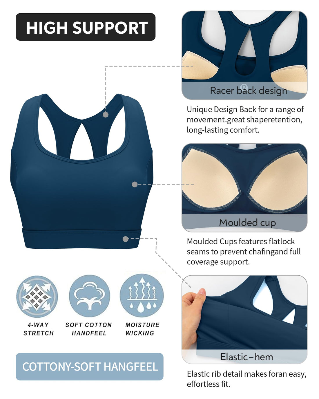 RUNNING GIRL® Racerback High Support Sports Bra Sewn-In Molded Pads