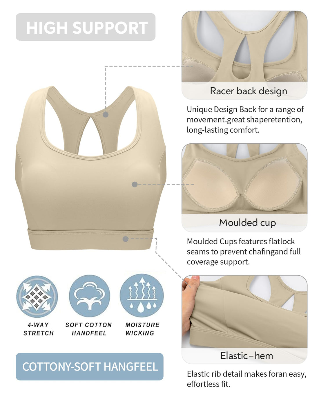 RUNNING GIRL® Racerback High Support Sports Bra Sewn-In Molded Pads