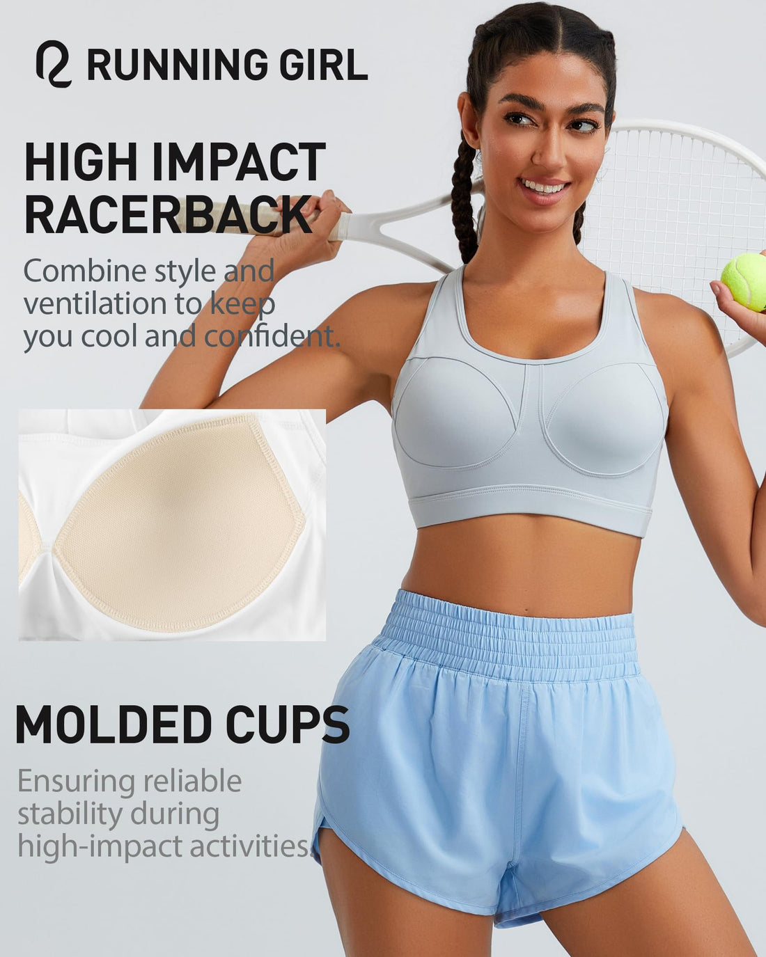 RUNNING GIRL® High-Impact Racerback Sports Bra | Molded Cup High Support Bra for Women