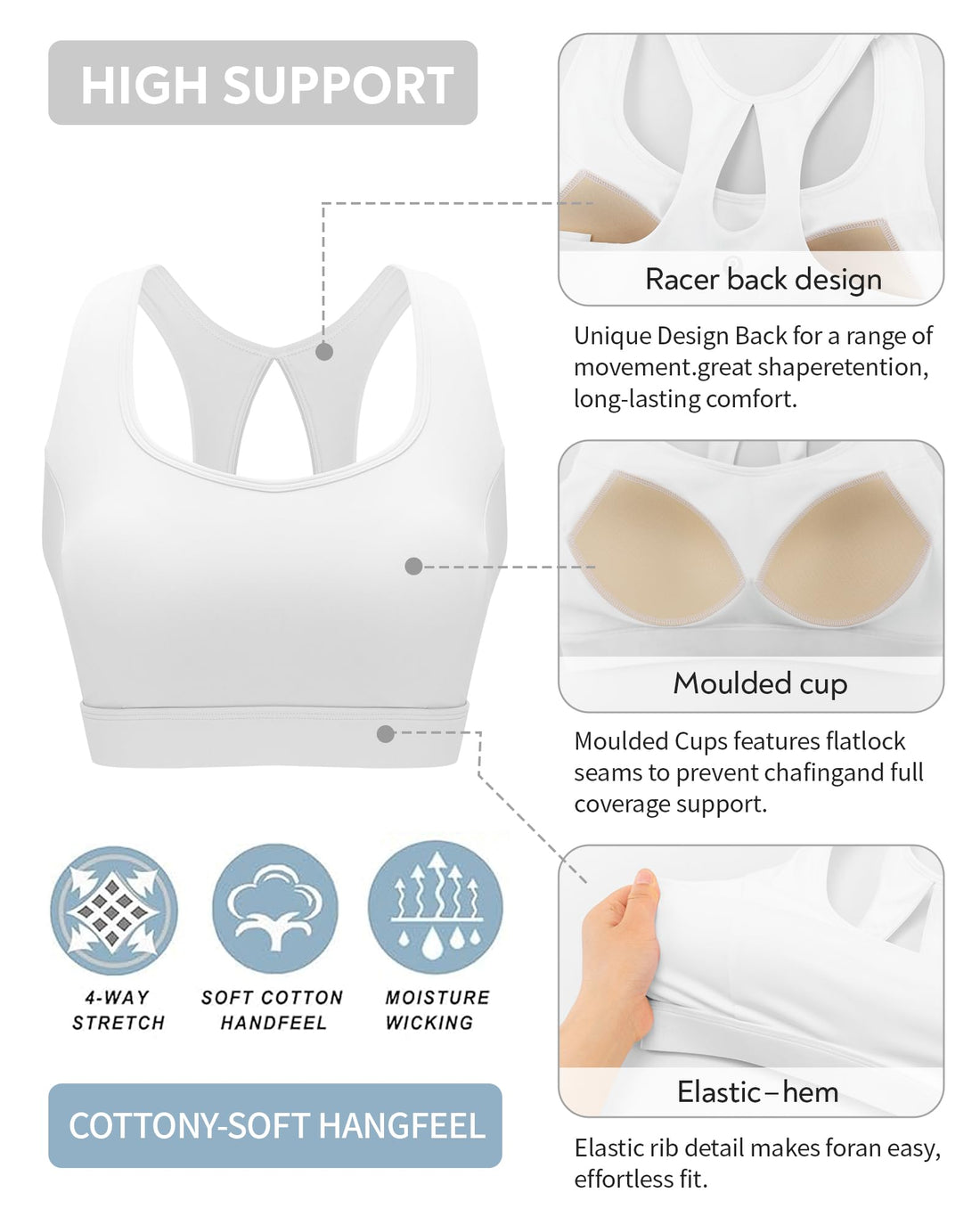 RUNNING GIRL® Racerback High Support Sports Bra Sewn-In Molded Pads