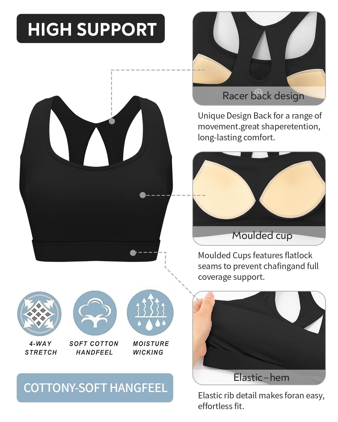 RUNNING GIRL® Racerback High Support Sports Bra Sewn-In Molded Pads