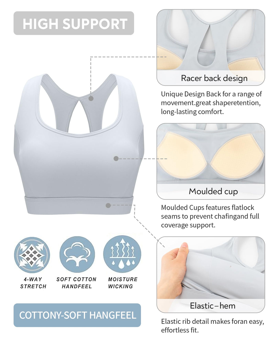 RUNNING GIRL® Racerback High Support Sports Bra Sewn-In Molded Pads