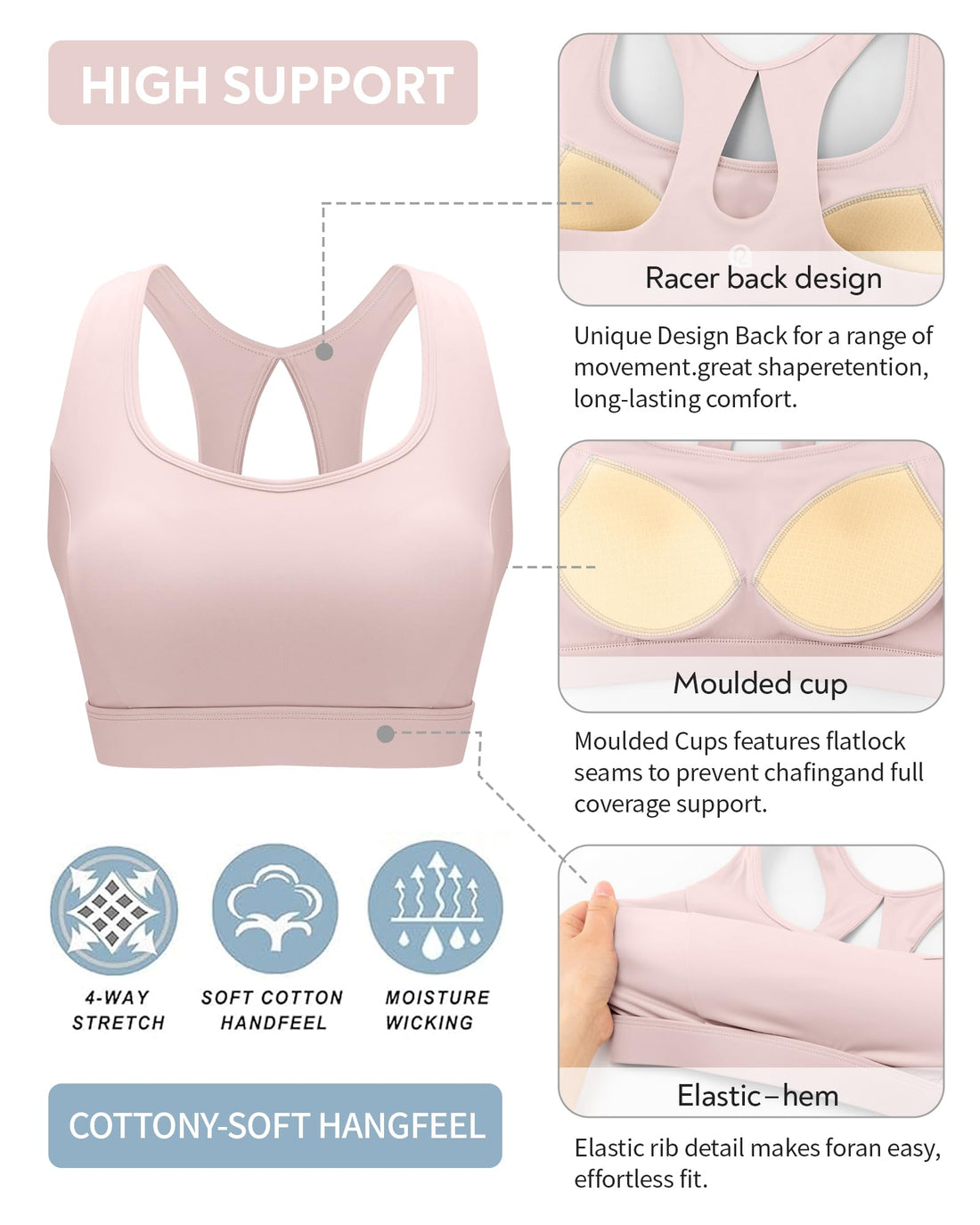 RUNNING GIRL® Racerback High Support Sports Bra Sewn-In Molded Pads